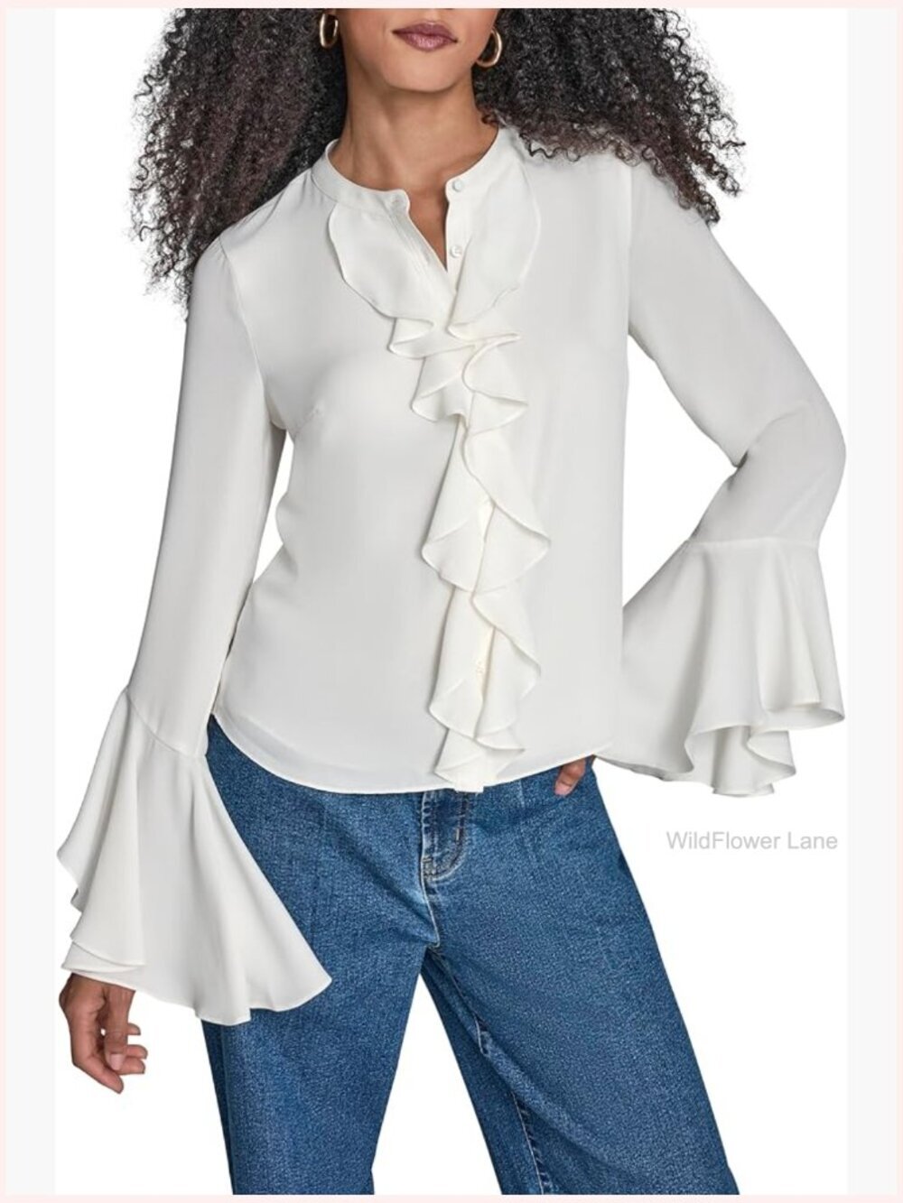 Bell Sleeve Ruffle Front Boho Blouse - 3/4 Sleeve